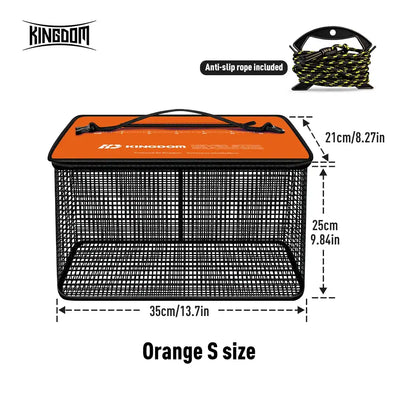 Orange floating fish keep net basket with anti-slip rope and compact size dimensions