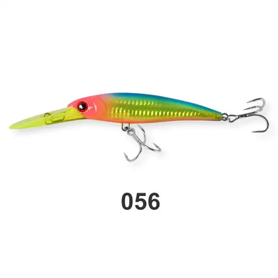 Saltwater trolling minnow wobbler in red-green with yellow accents and two treble hooks