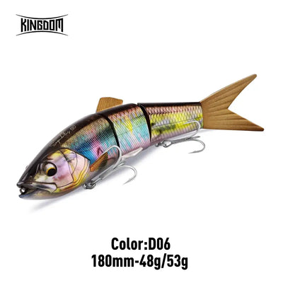 Multi-jointed hard fishing lure, gold and multicolor scales with treble hooks