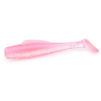 Soft plastic paddle tail minnow lure, pink translucent with glitter speckles