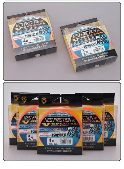 Semi-floating rock fishing line assortment of orange spools in retail boxes