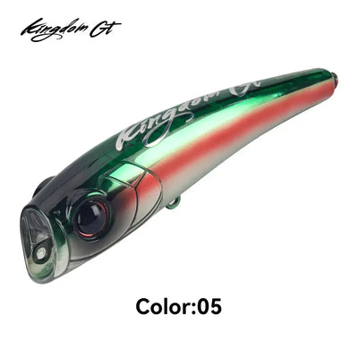 Kingdom GT popper lure, green-and-red floating topwater with clear front lip and hooks