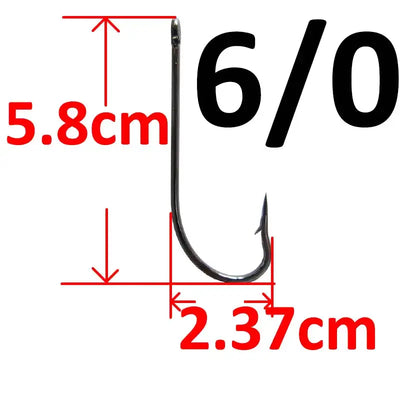 Barbed long shank fishing hook, dark metal; size 6/0, 5.8cm long, 2.37cm gap