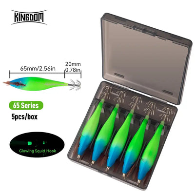 5-piece glowing squid jig lures, green-blue gradient bodies in clear tackle box