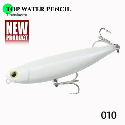 Floating pencil lure, translucent white body; gold eye, treble hooks