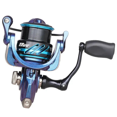 Spinning fishing reel with blue accents, black spool, and curved handle