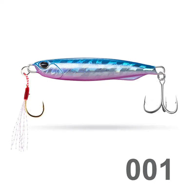 Hunthouse metal pencil jig 001: blue-purple striped body, skirt, double hooks