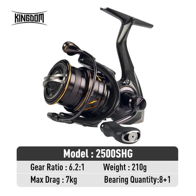 Black spinning fishing reel with green-tinted spool ring and knurled handle knob