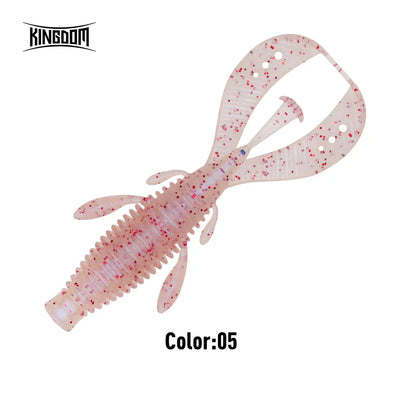 Soft shrimp fishing lure in pale pink with red specks and white dots, worm-style body