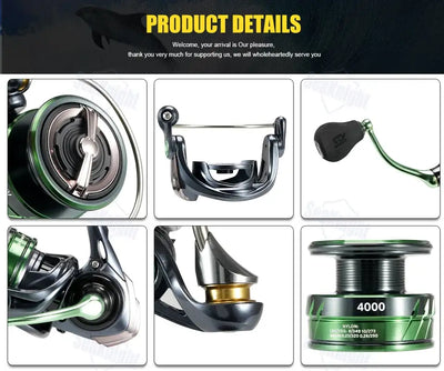 SeaKnight WR4 Windrunner IV spinning reel in green and black with metallic accents and carbon fibre drag system