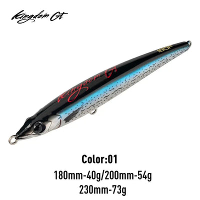 Floating pencil fishing lure, black top with blue speckled pattern, metal lip and hooks.