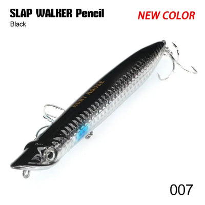 Black pencil topwater fishing lure with treble hooks and silver scale pattern