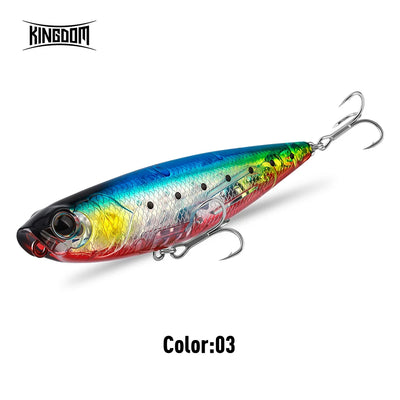 Floating topwater fishing lure, multicolor blue-yellow-red body, 2 treble hooks