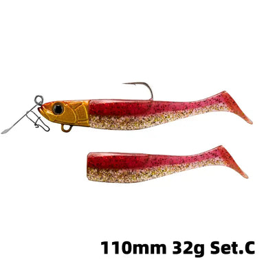 Soft T-tail fishing lure set with treble hook, orange-red speckled, 110mm 32g