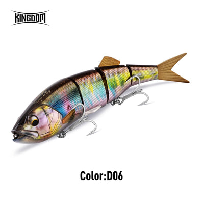 Hard-body jointed swimbait lure with iridescent purple-green body and metal treble hooks