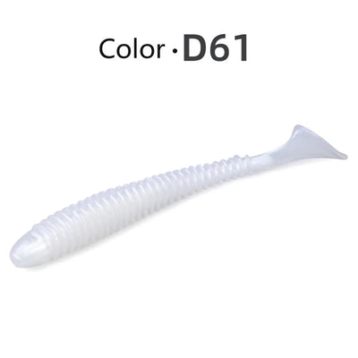 Soft paddle tail swimbait lure, Color D61: white ribbed body with translucent tail.