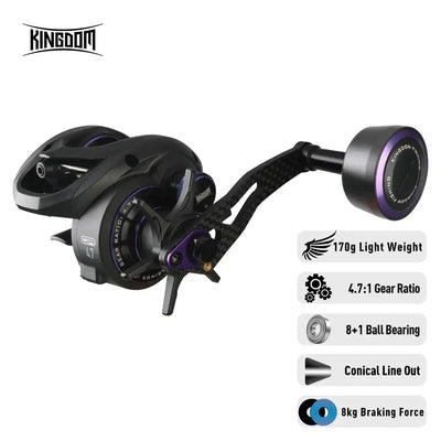 Black baitcasting fishing reel with side handle, purple trim, and conical line outlet