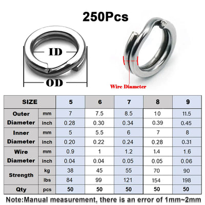 250-piece silver split rings set, size chart with inner and outer diameter values