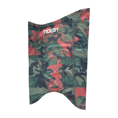 Camouflage face and neck gaiter shield, front view with NOEBY logo