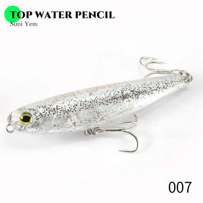 Top water pencil lure, sunni yem speckled white body with treble hooks