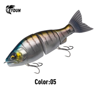 Silver jointed swimbait lure with gold face and blue accent plus treble hooks