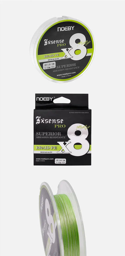 Noeby fluorescent green X8 braided line spool with package and hanging reel card