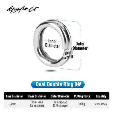 Kingdom GT stainless steel fishing split ring, 8# oval double ring, double loop.