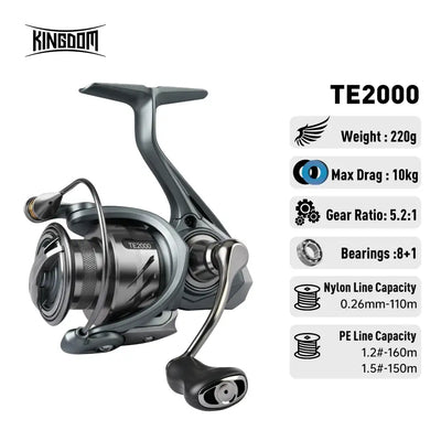 Spinning fishing reel with spare spool, silver-gray finish and black handle grip