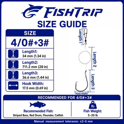 FishTrip size guide card for 4/0+3# offset octopus hooks with swivel, length chart