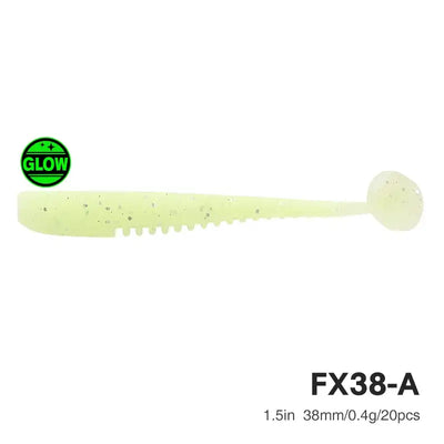 Soft plastic fishing lure, pale green translucent body with speckled round tail