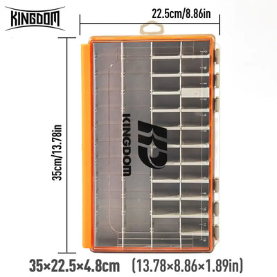 Orange-border fishing tackle box with transparent lid and grid divider cells