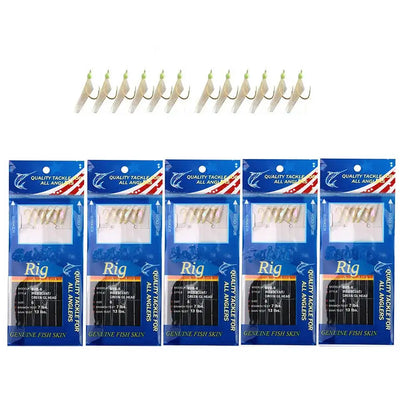 Five-pack fishing rig set with light green hook heads and translucent fish-skin bodies in blue packs.