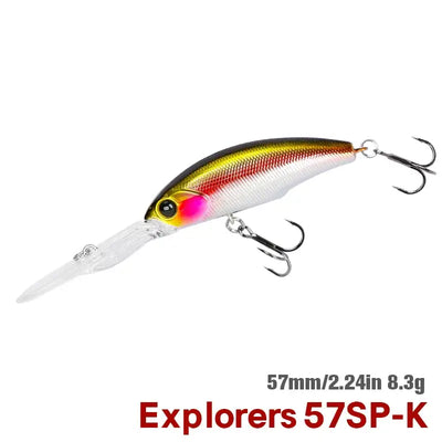 EXPLORERS suspending minnow lure, 57mm; dark olive back with magenta stripe and treble hooks