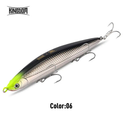 Sinking pencil fishing lure, dark back with neon green belly, 3 treble hooks