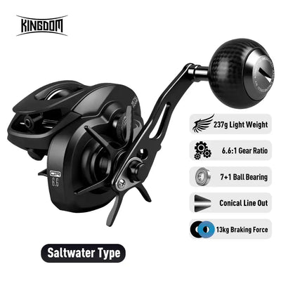 Black baitcasting reel with star drag side, 6.6:1 gear ratio and conical line out