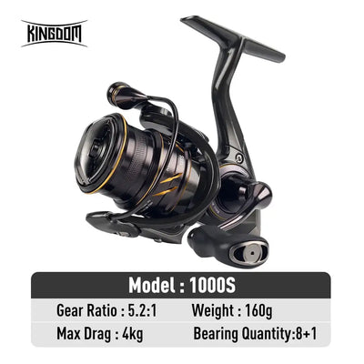 Black spinning reel with gold accents, front drag knob, metal handle and bail (Model 1000S)