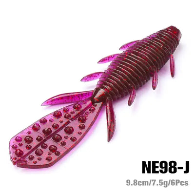 Pack of 6 artificial silicone shrimp soft lures, dark purple with pink speckles
