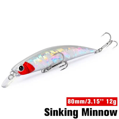 Sinking minnow fishing lure, silver body with red tail section and treble hooks