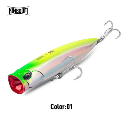 Floating topwater popper lure, Color 01: neon green and silver with treble hooks