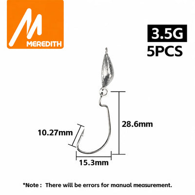 3.5G jig lead head weedless hook, 5pcs, curved hook with size diagram