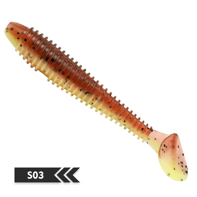 Soft silicone fishing lure, brown and tan segmented body with speckles and paddle tail (S03).