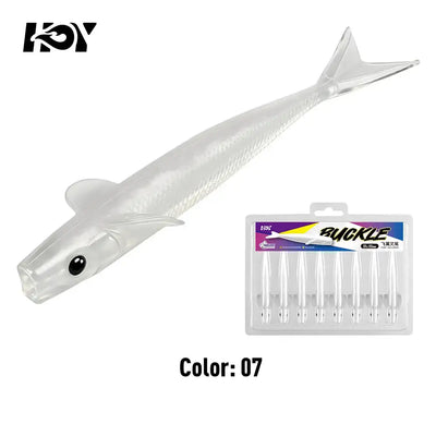 White translucent fork-tail soft silicone sinking lure with speckled texture and eye