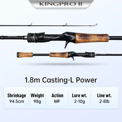 Casting fishing rod with wood-grain handle, black reel seat, and line guide