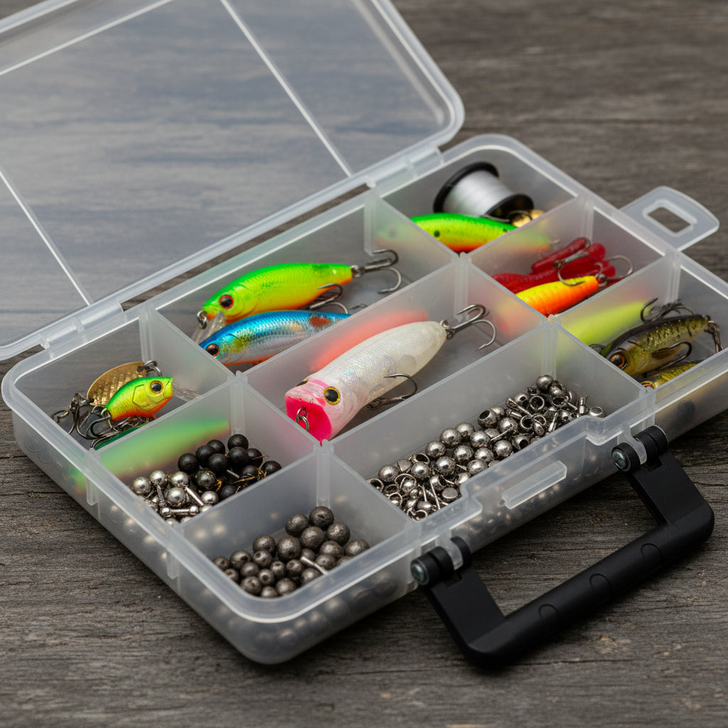 Fishing tackle box with assorted lures and metal sinkers, open compartment display