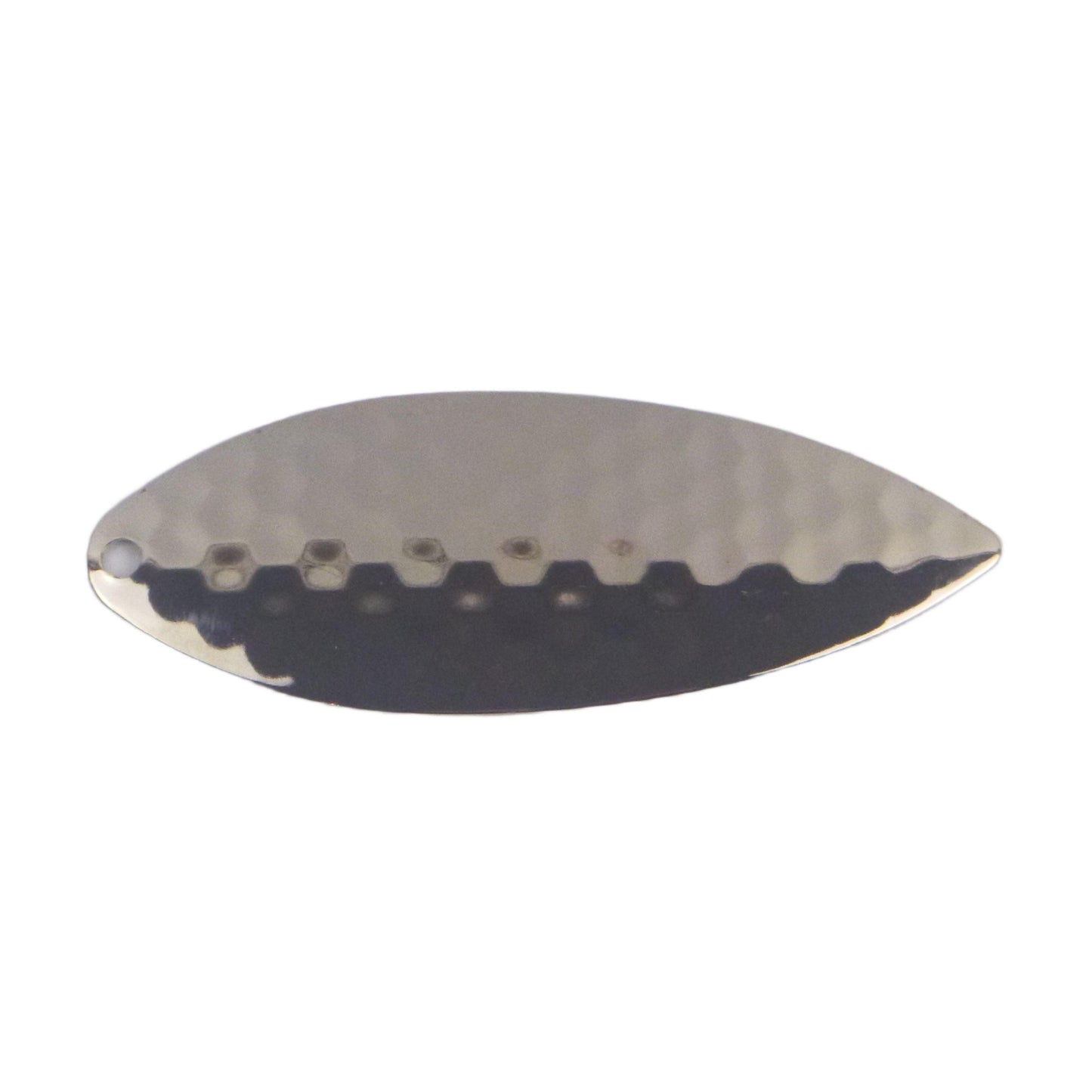 Trolling flasher blade in silver willow shape with dark stripe and linked hole line
