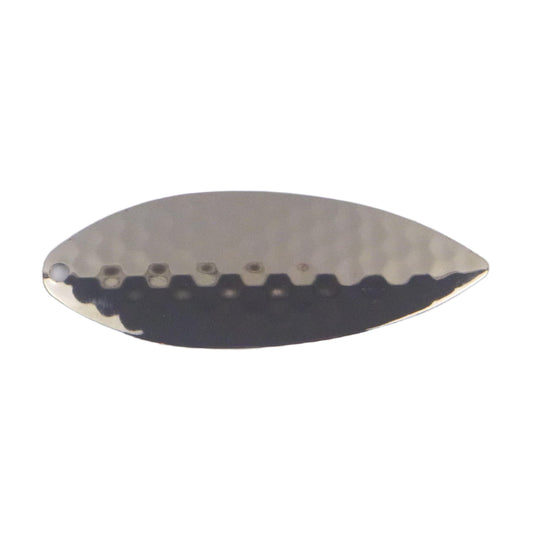 Trolling flasher blade in silver willow shape with dark stripe and linked hole line