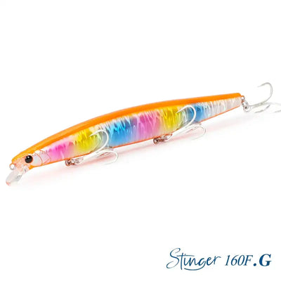 Rainbow orange hard body fishing lure with blue back, silver sides, and twin treble hooks
