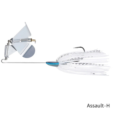 Topwater buzzbait lure with silver spinner blade, white skirt with blue head, black hook.