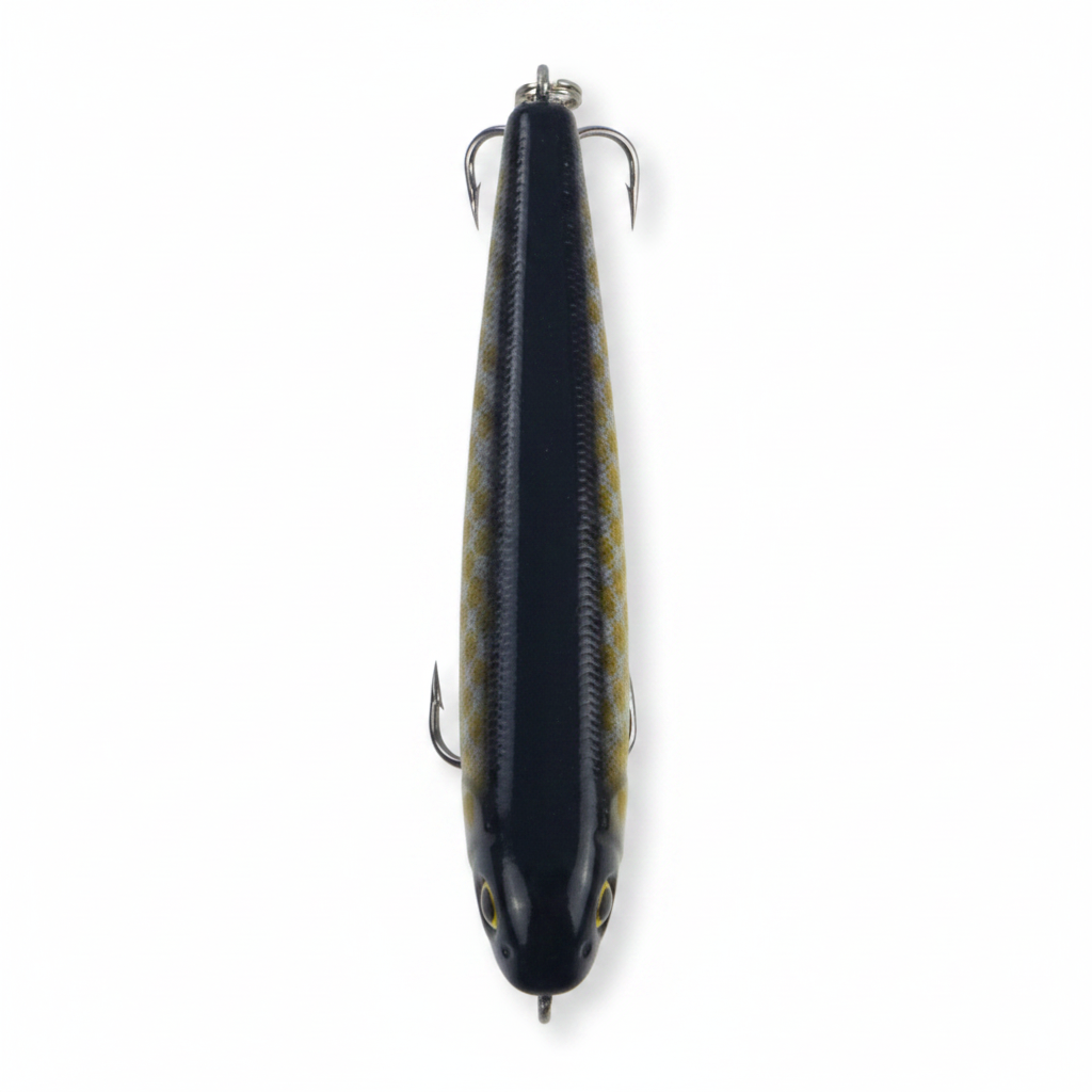 Diving fishing lure with dark blue and yellow side pattern, single top hook and split ring