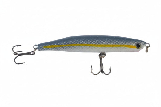 Fishing lure side view, blue-gray body with yellow stripe and two treble hooks